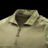 Close-up of the Condor Long Sleeve Combat Shirt Gen II - Scorpion OCP, featuring a camouflage collar, shoulders, and half-zip front—perfect for law enforcement or first responders.